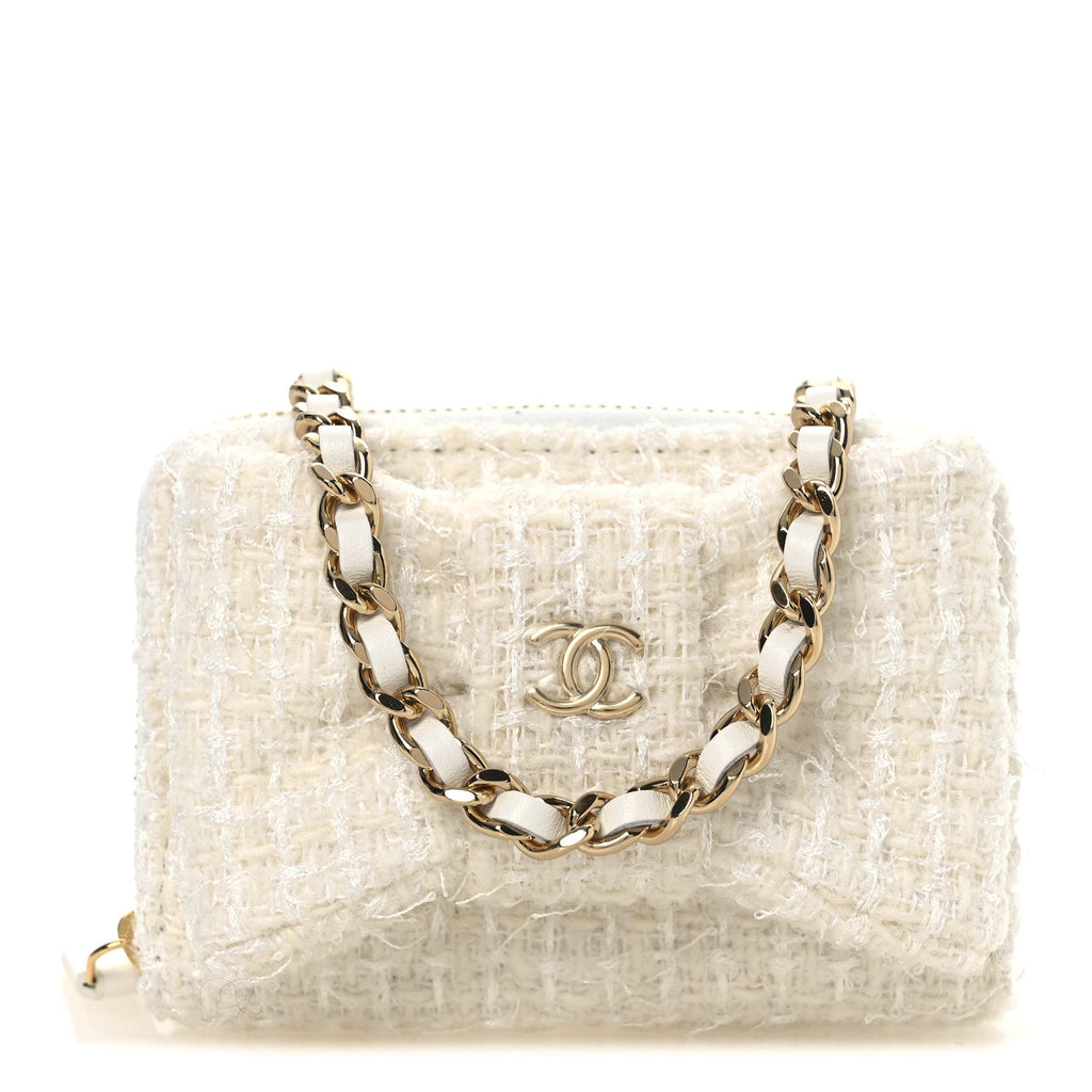 Tweed Quilted Bow Flap  Holder On Chain White