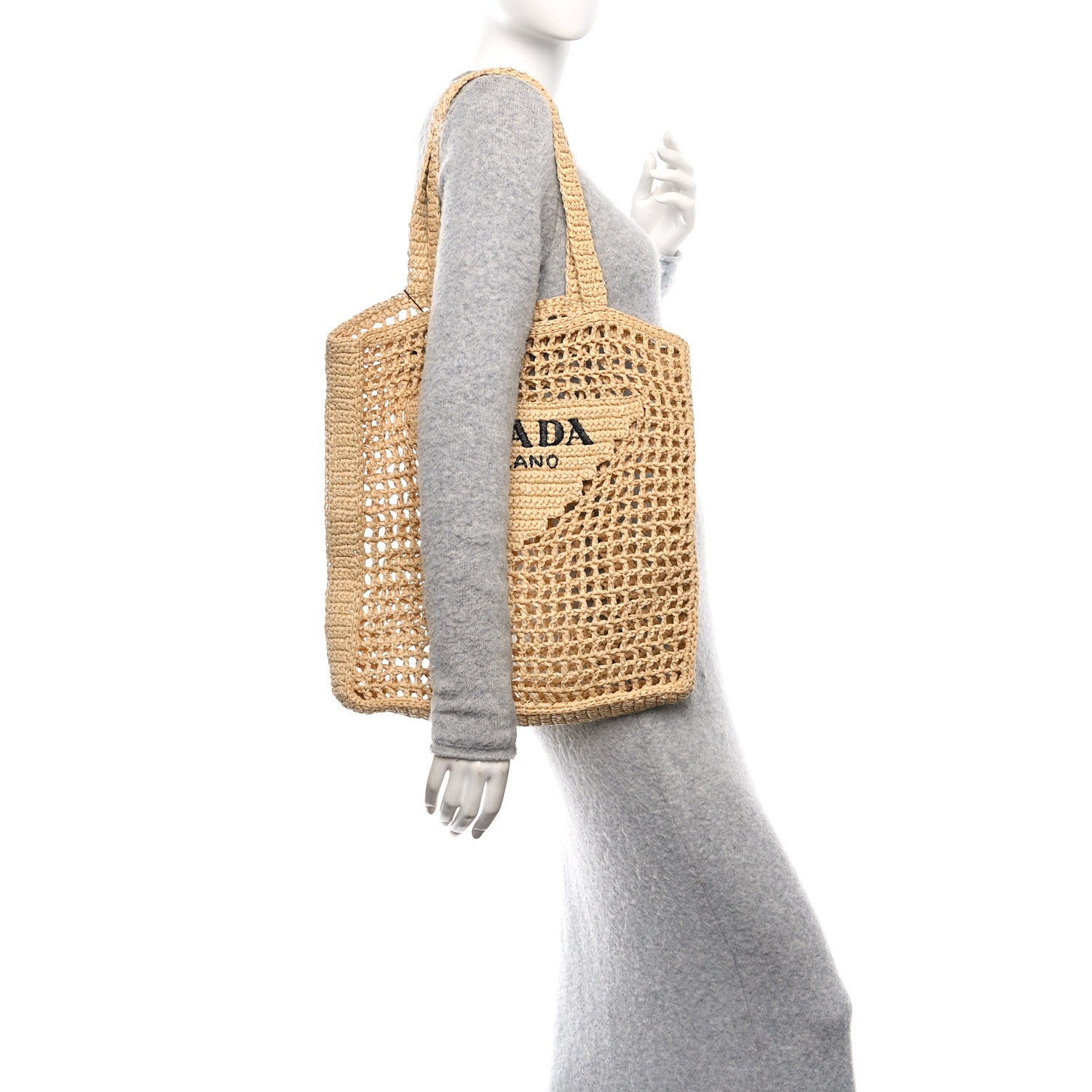 Yarn Raffia Effect Crochet Logo Embroidered Tote Bag Naturale