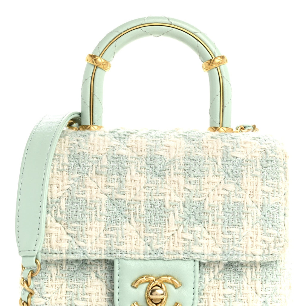 Tweed Handle Crush Top Handle Flap Bag Light Blue Ecru