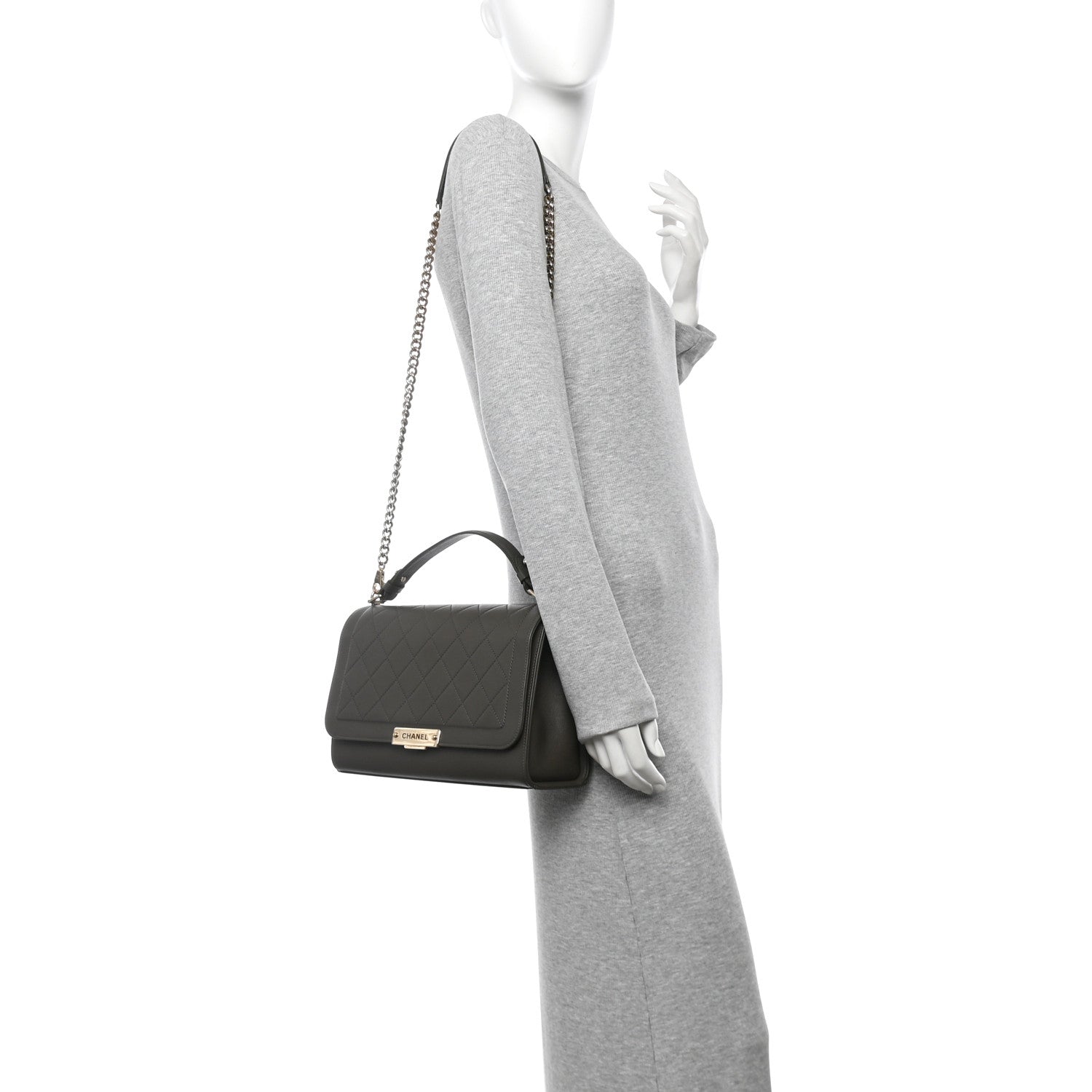 Grained Calfskin Quilted Large Label  Flap Bag Khaki