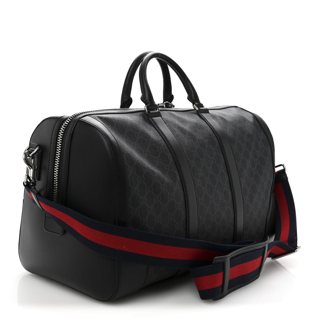 Soft GG Supreme Monogram Appia Calfskin Web Medium Carry On Duffle Bag Black Grey