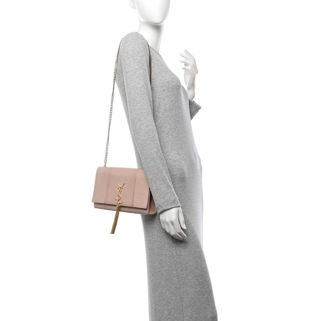 Snakeskin Medium Classic Monogram Kate Tassel Satchel Beige