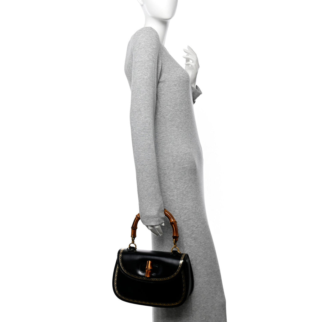 Calfskin Frame Print Bamboo Top Handle Bag Black
