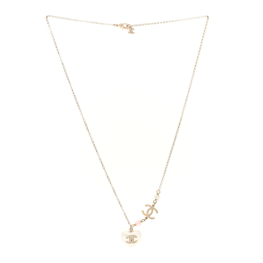 Resin Crystal CC Heart Necklace Pearly White Gold