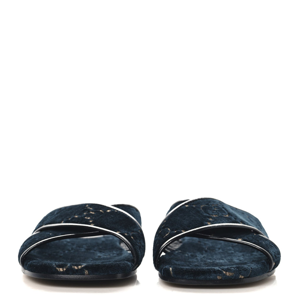 Velvet GG Monogram Womens Criss Cross Slide Sandals 36 Blue Beige Black
