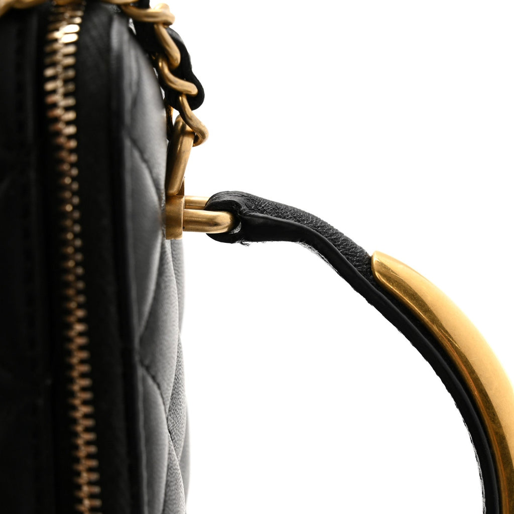 Lambskin Quilted Metal Small Top Handle Vanity Case With Chain Black
