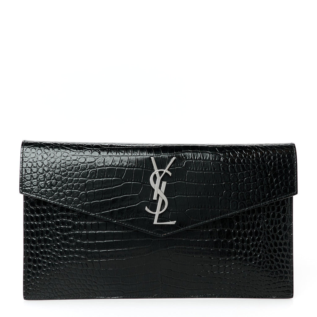 Calfskin Crocodile Embossed Uptown Monogram Pouch Black