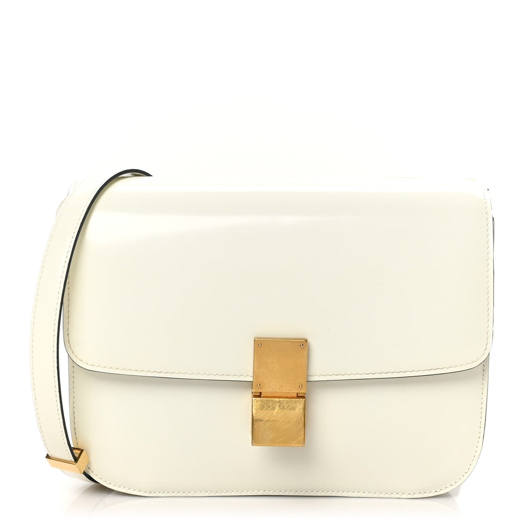 Spazzolato Calfskin Medium Classic Box Bag White