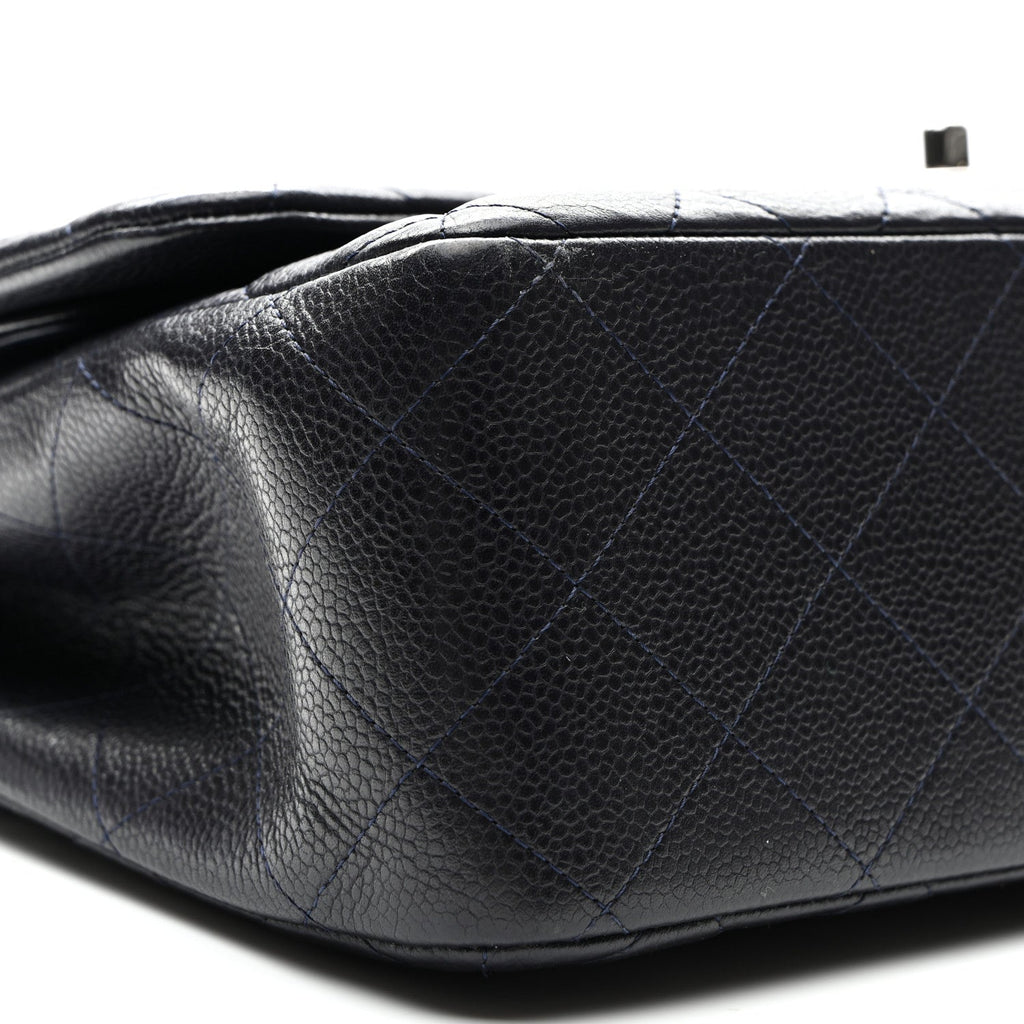 Caviar Quilted Jumbo Double Flap Navy Blue