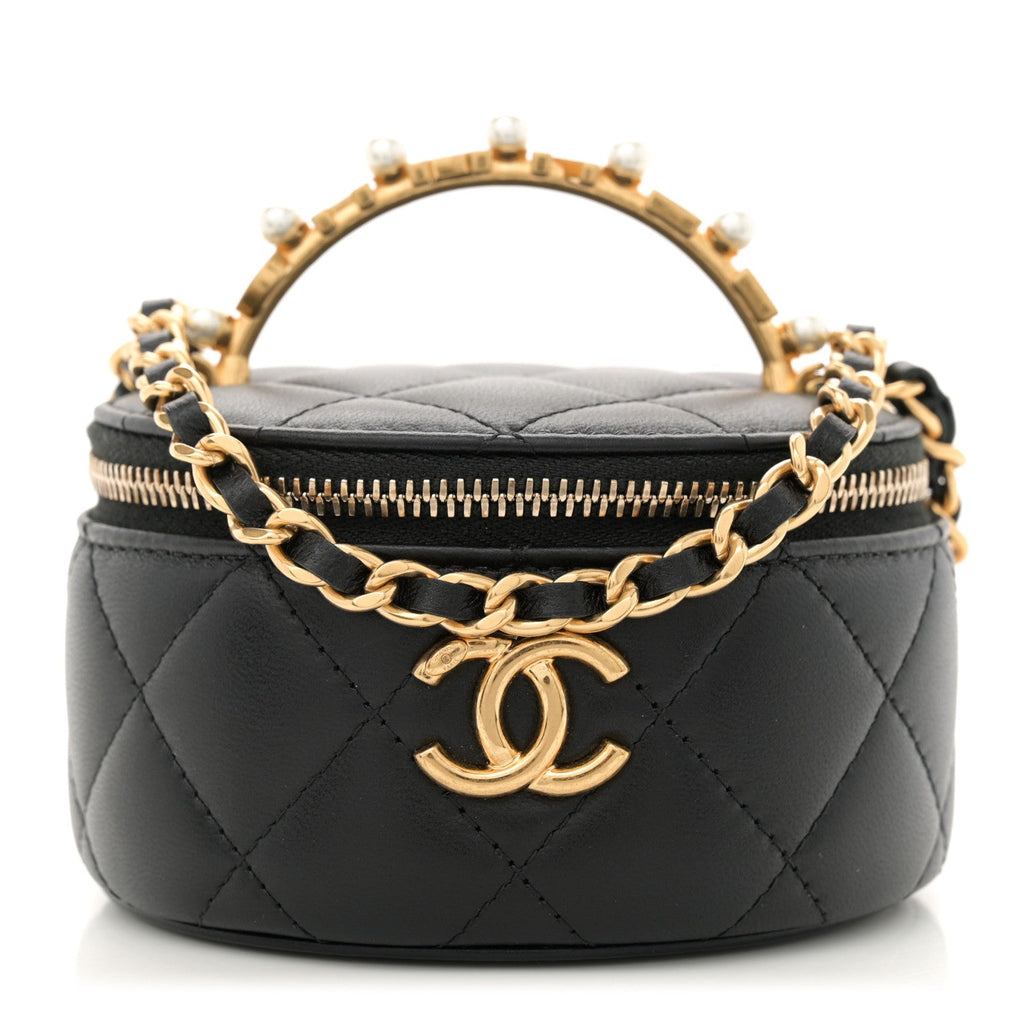 Lambskin Pearl Crystal Quilted Pearly Girl Top Handle Round Vanity Case With Chain Black