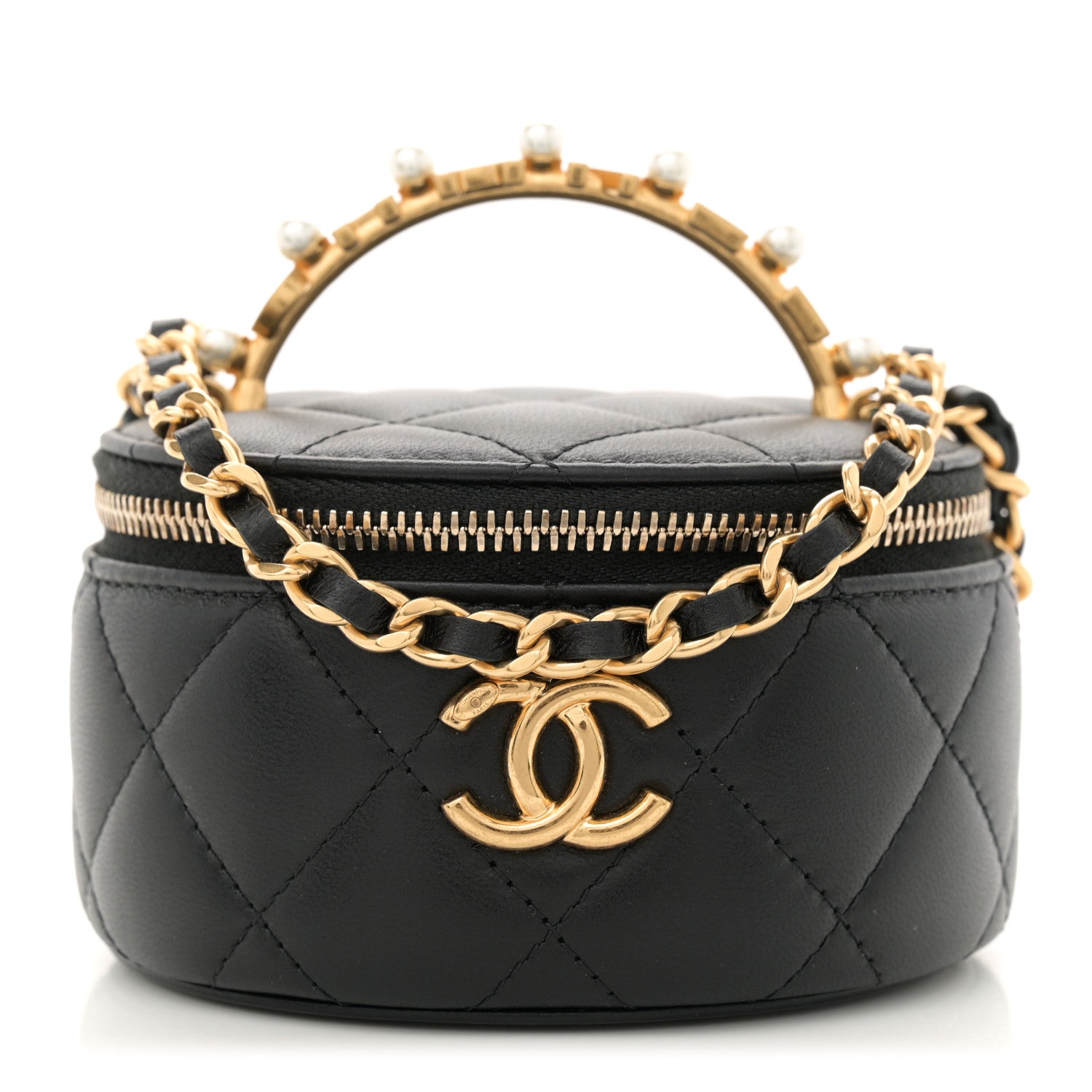 Lambskin Pearl Crystal Quilted Pearly Girl Top Handle Round Vanity Case With Chain Black