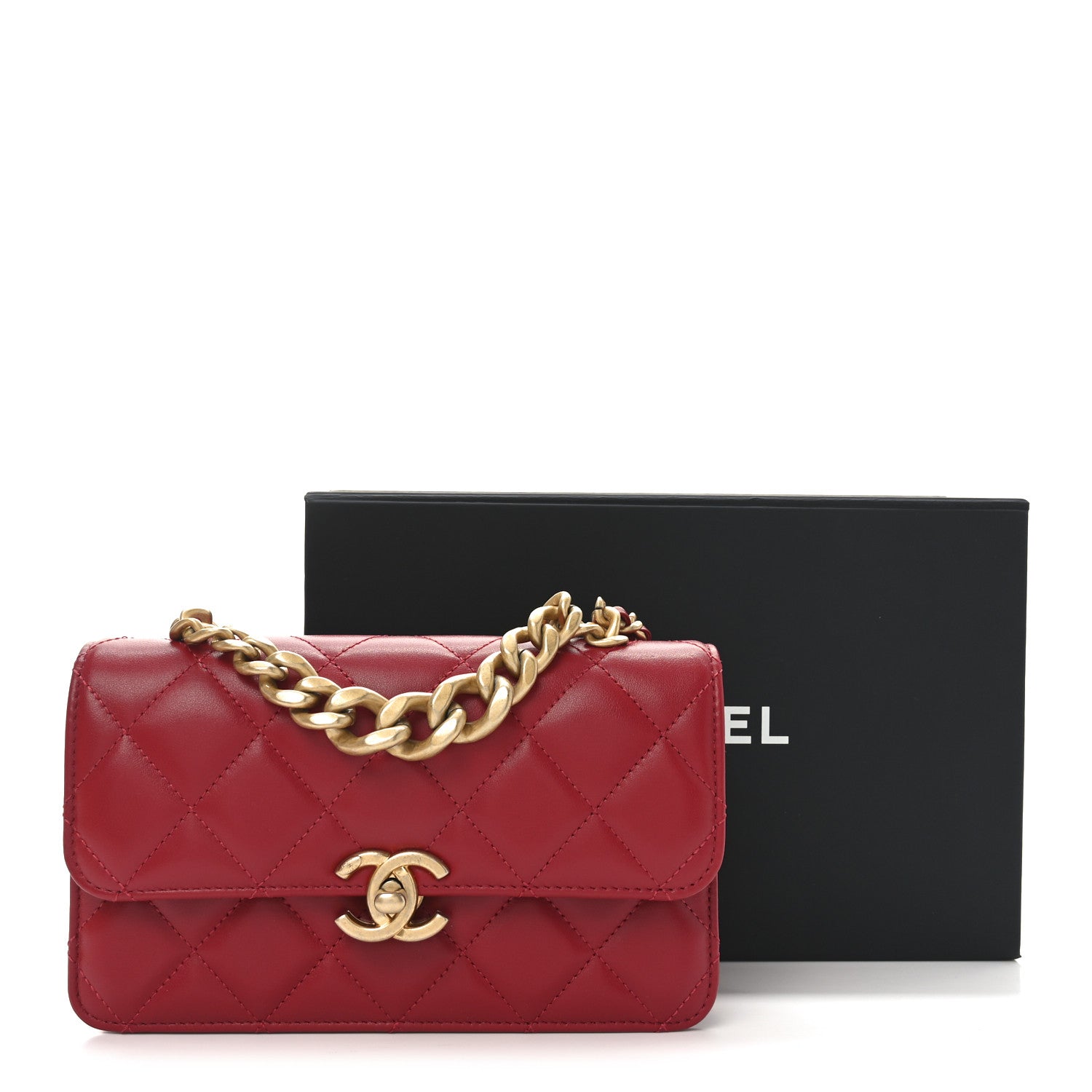 Lambskin Quilted Chunky Chain Handle Mini Flap Red