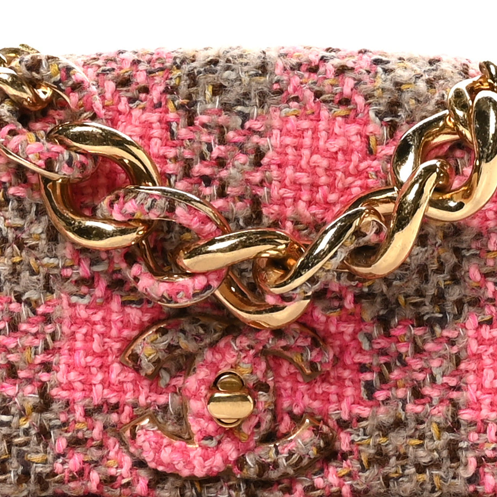Wool Tweed Quilted Small Elegant Chain Flap Pink Brown