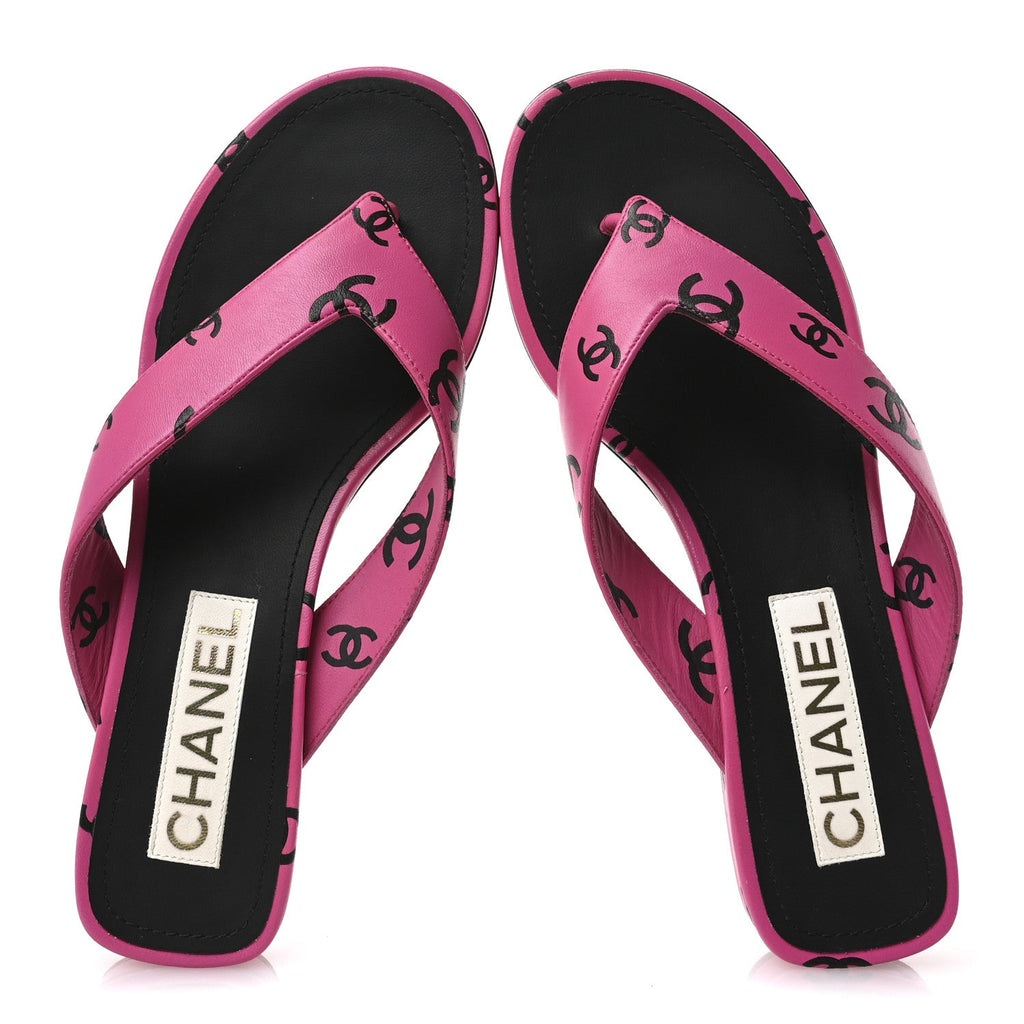 Lambskin Printed Coco Beach Thong Sandals 37.5 Dark Pink Black