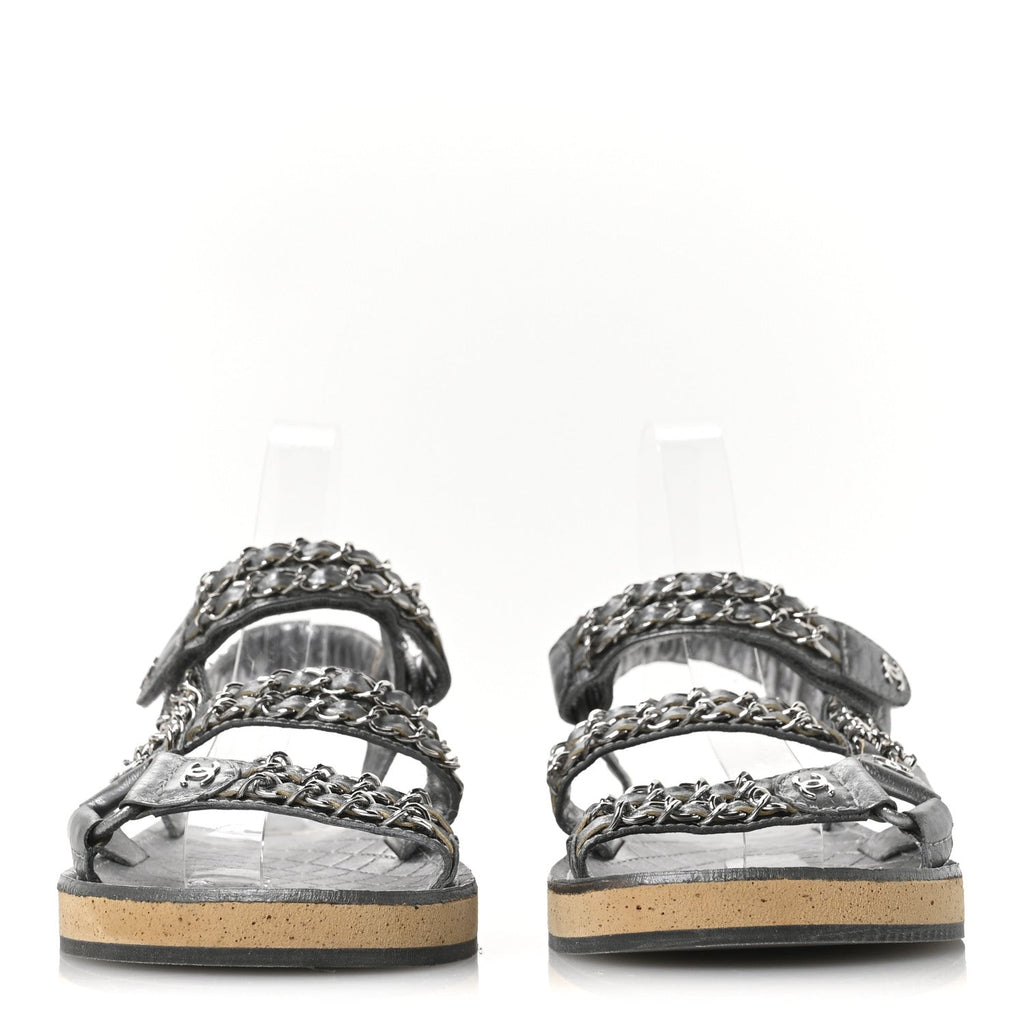 Metallic Laminated Goatskin Chain Flat Sandals 39 Dark Silver