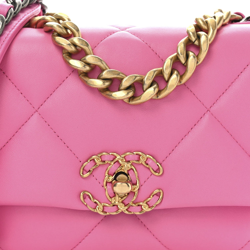 Shiny Lambskin Quilted Medium Chanel 19 Flap Neon Pink