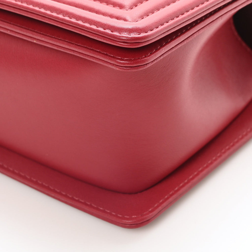 Lambskin Chevron Chain Stitched Medium Boy Flap Dark Red