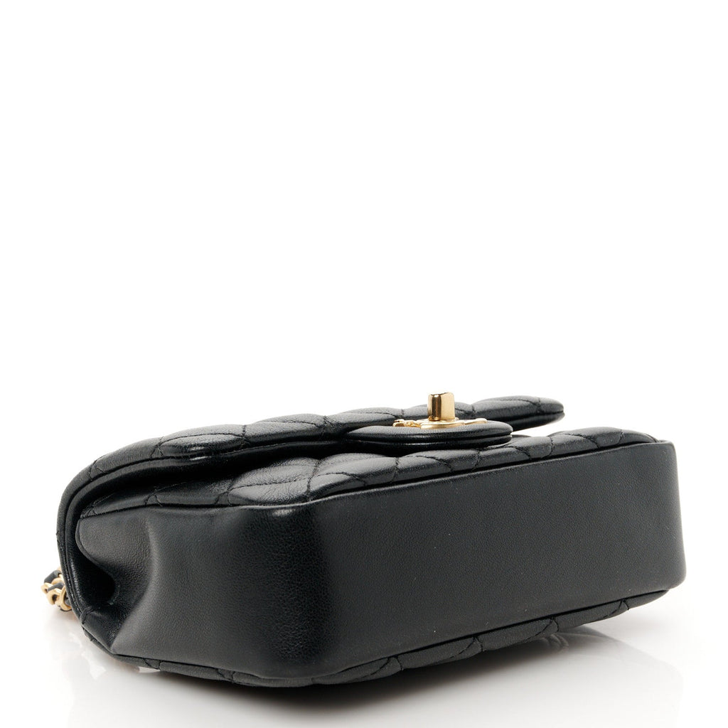 Shiny Lambskin Quilted Pearl Twist Mini Square Flap Black