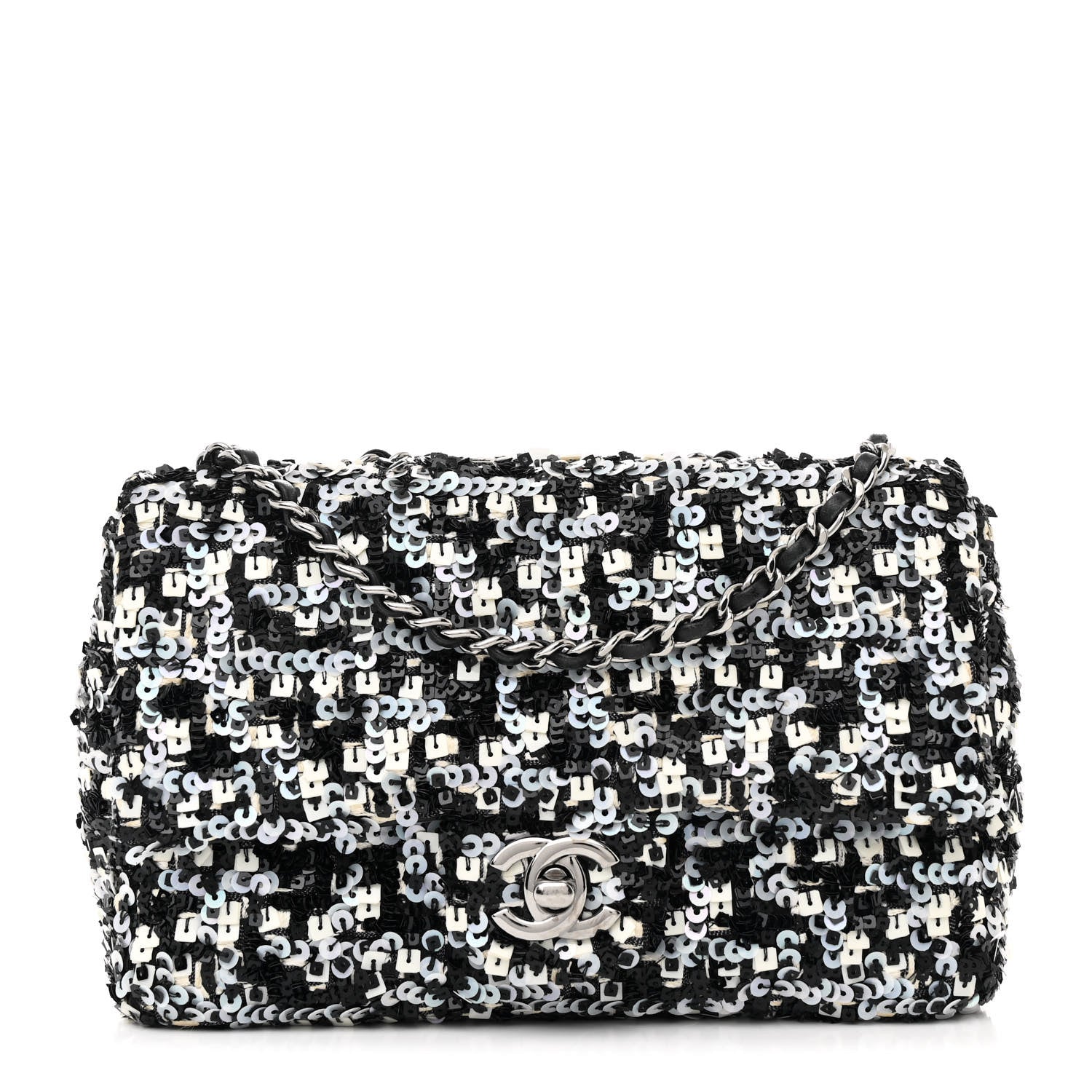 Sequin Lambskin Mini Flap Silver Black