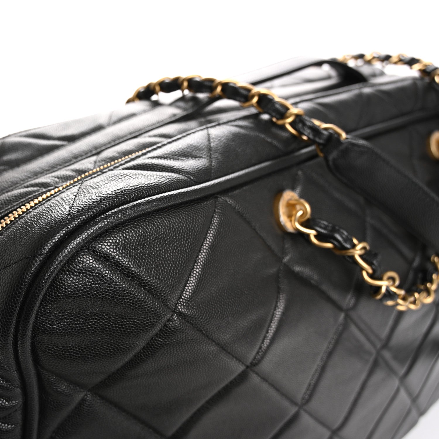 Shiny Grained Calfskin Quilted Large Travel Bowling Bag Black