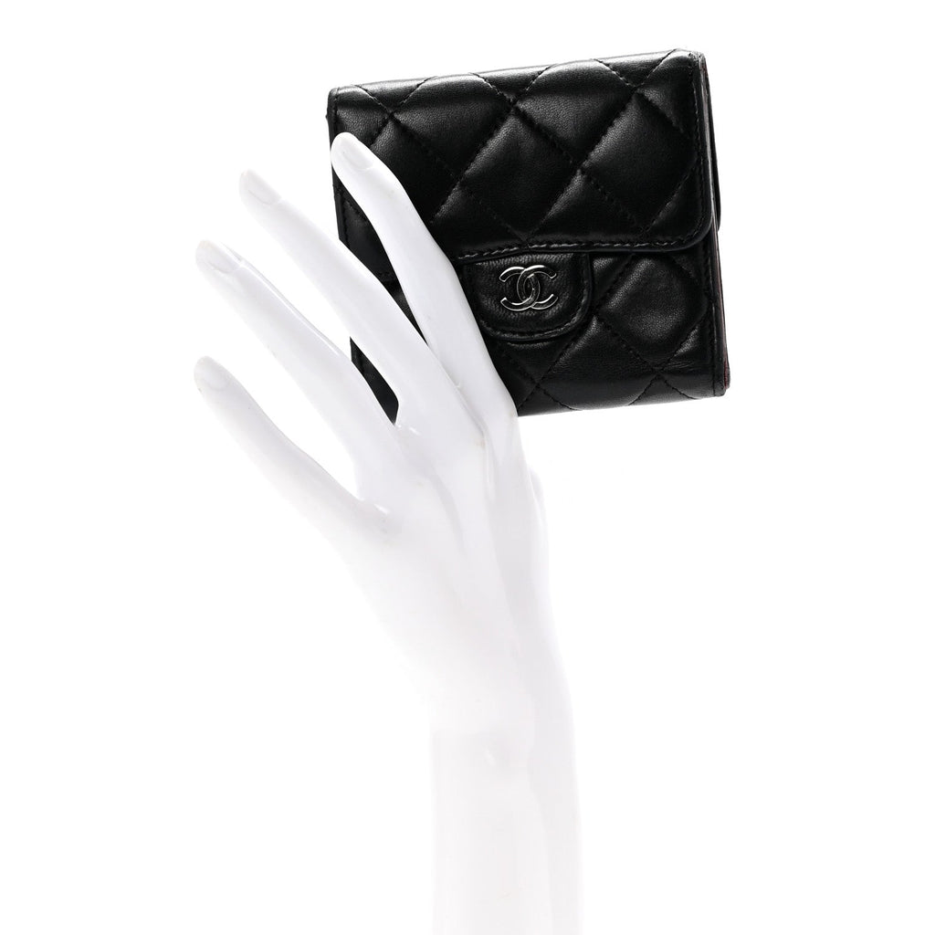 Lambskin Quilted Tri-Fold Flap Wallet Black