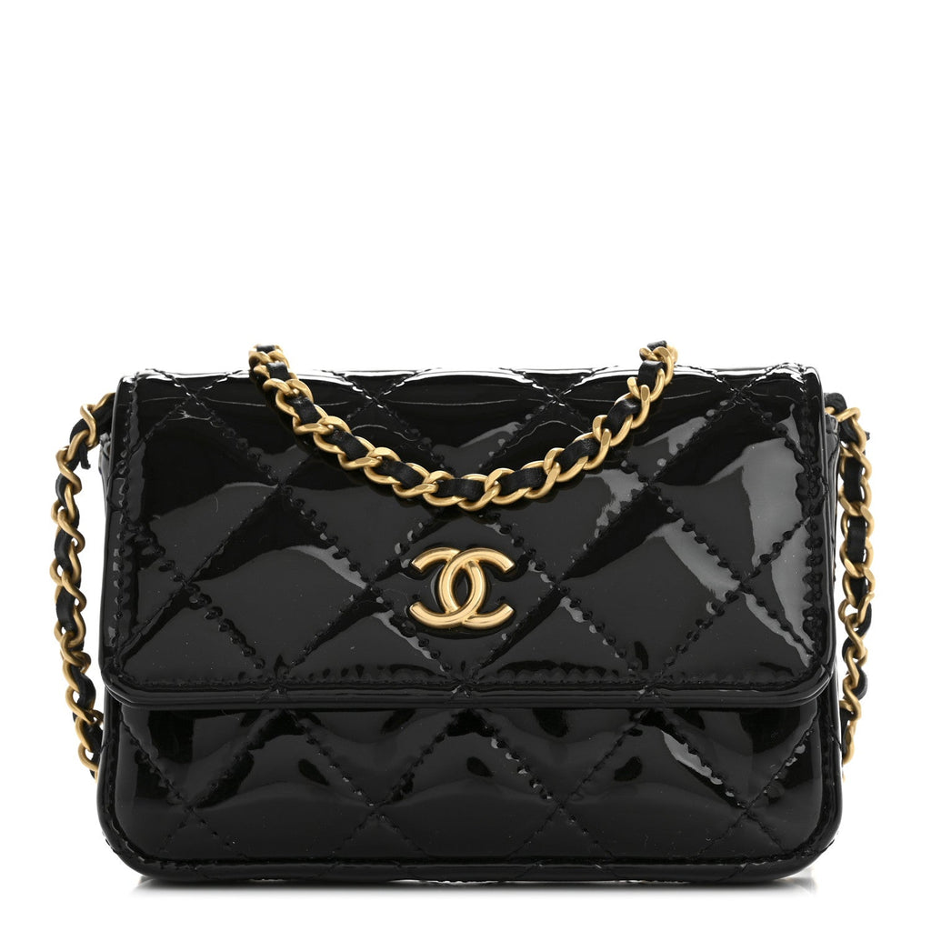 Patent Enamel Quilted Coco Hearts Clutch With Chain Black
