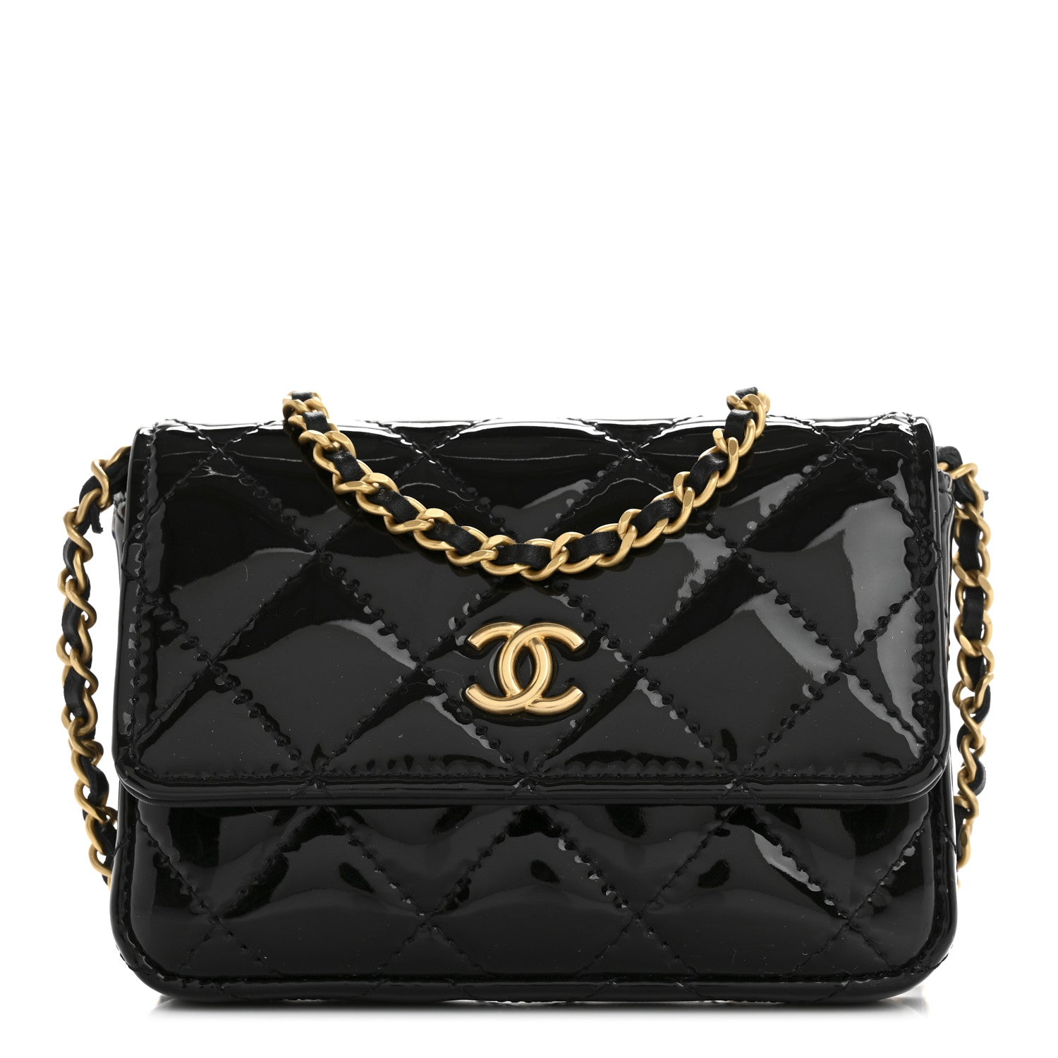 Patent Enamel Quilted Coco Hearts Clutch With Chain Black