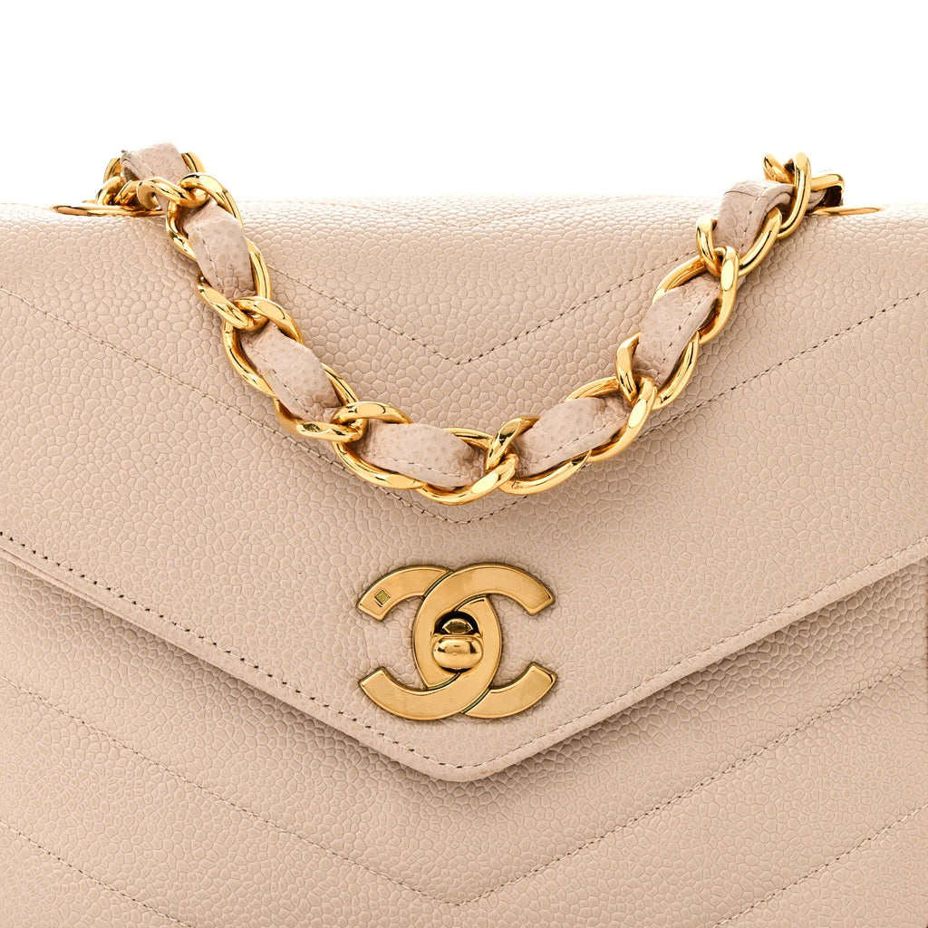 Caviar Chevron Quilted Mini Square Flap Light Beige