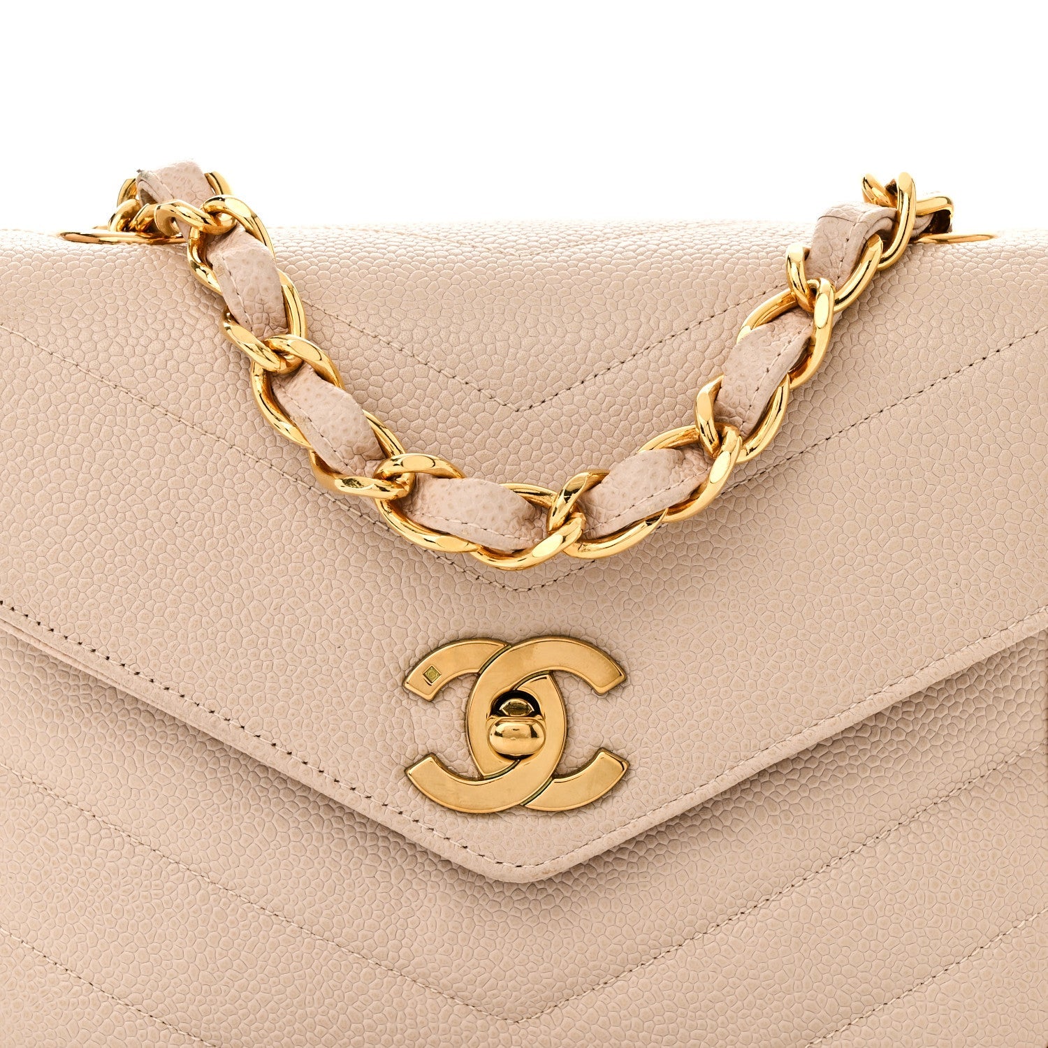 Caviar Chevron Quilted Mini Square Flap Light Beige