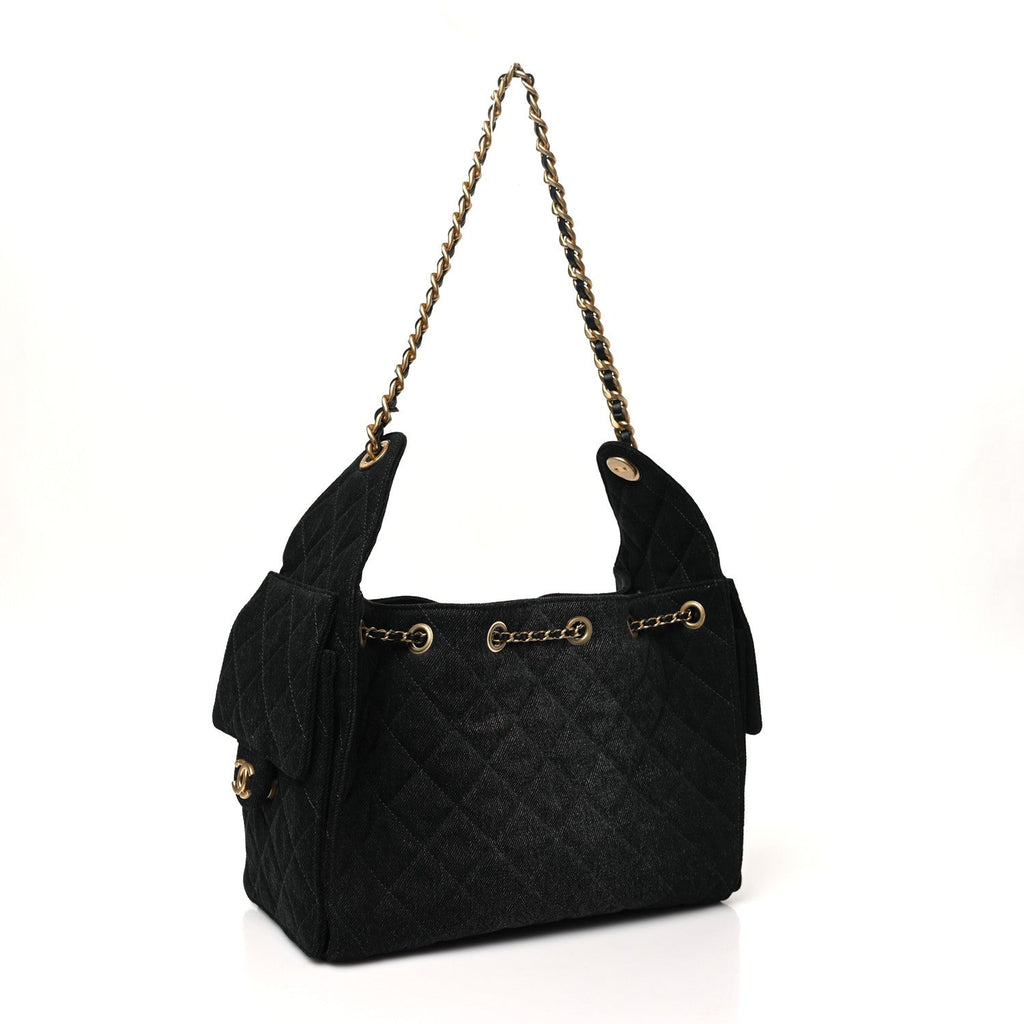 Denim Quilted Small Chanel 25 Handbag Black