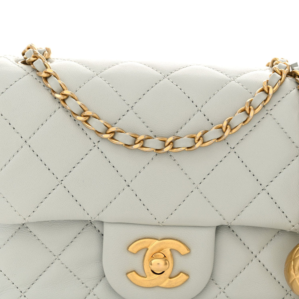 Lambskin Quilted Mini Pearl Crush Flap Light Grey