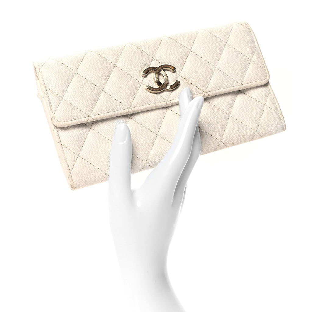 Caviar Quilted Striated CC Large Gusset Flap Wallet White