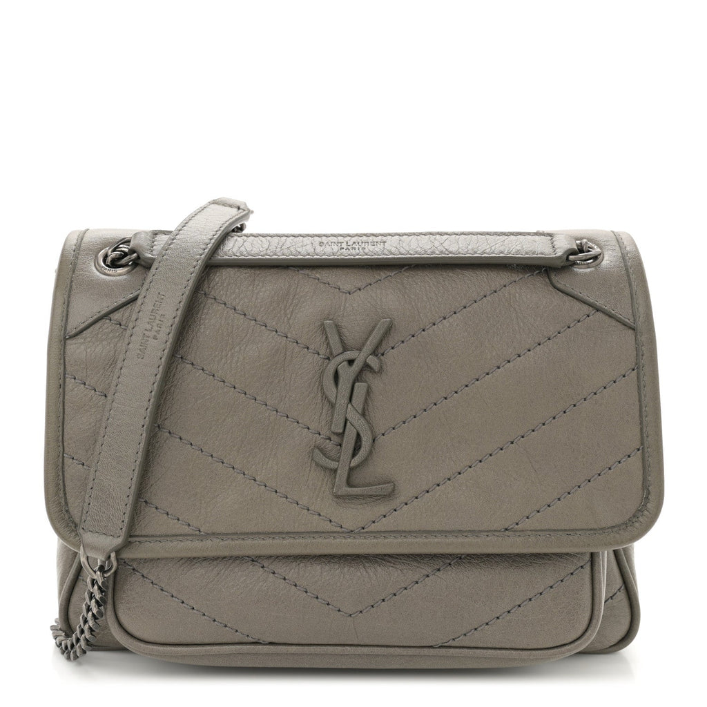 Crinkled Calfskin Matelasse Monogram Baby Niki Chain Satchel Grey Kaki