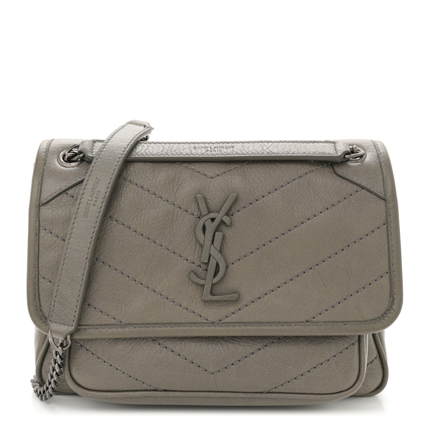 Crinkled Calfskin Matelasse Monogram Baby Niki Chain Satchel Grey Kaki