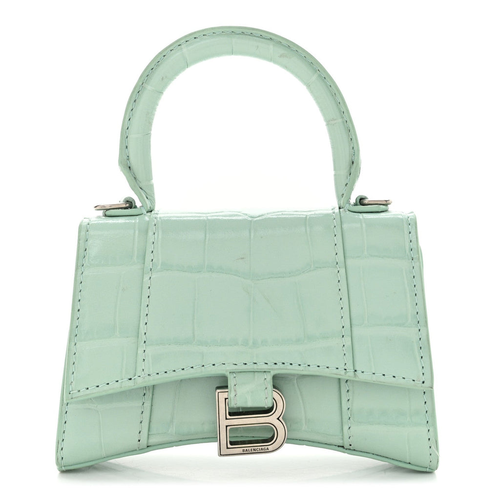 Shiny Calfskin Crocodile Embossed Hourglass Top Handle Bag Mini with Chain Green Acqua