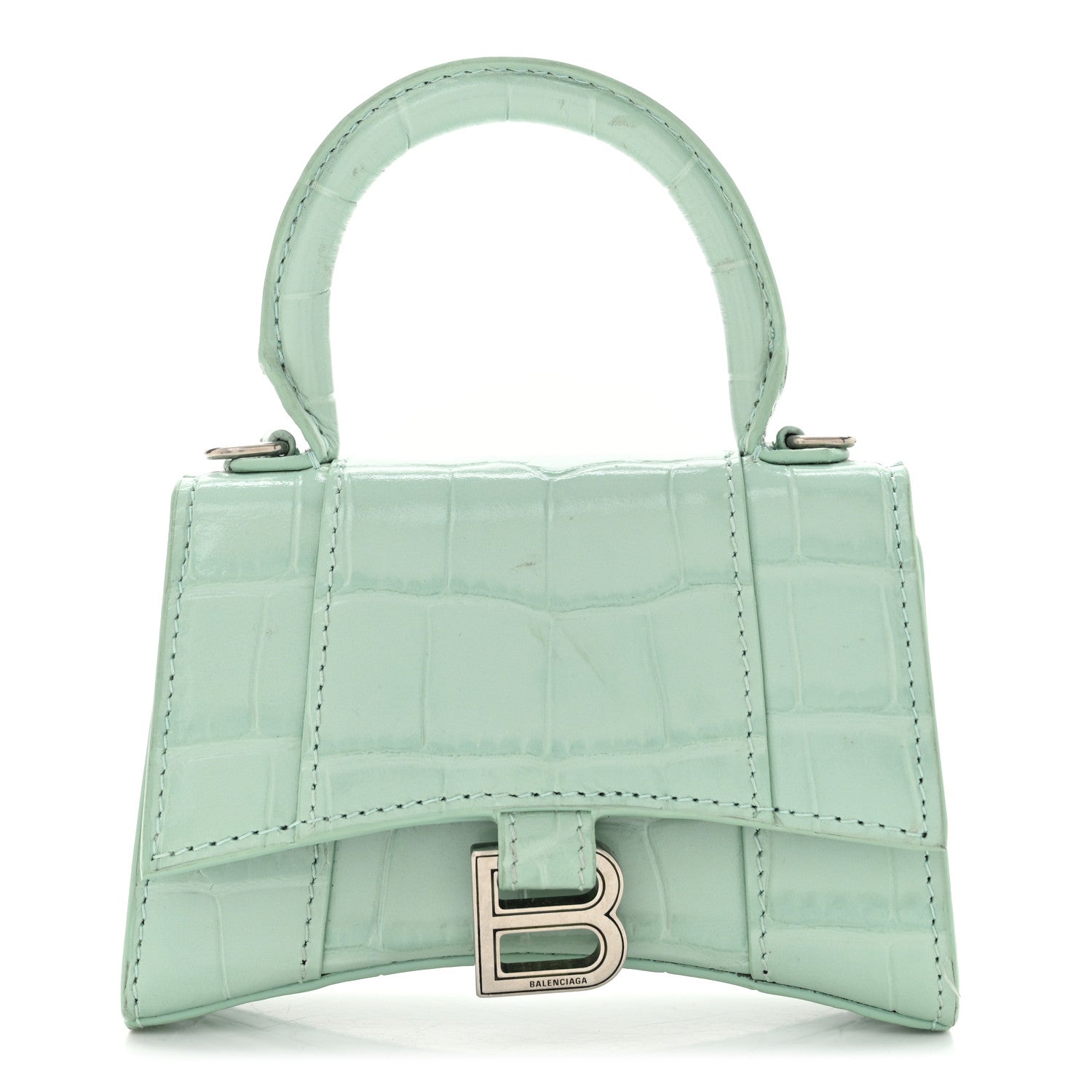 Shiny Calfskin Crocodile Embossed Hourglass Top Handle Bag Mini with Chain Green Acqua