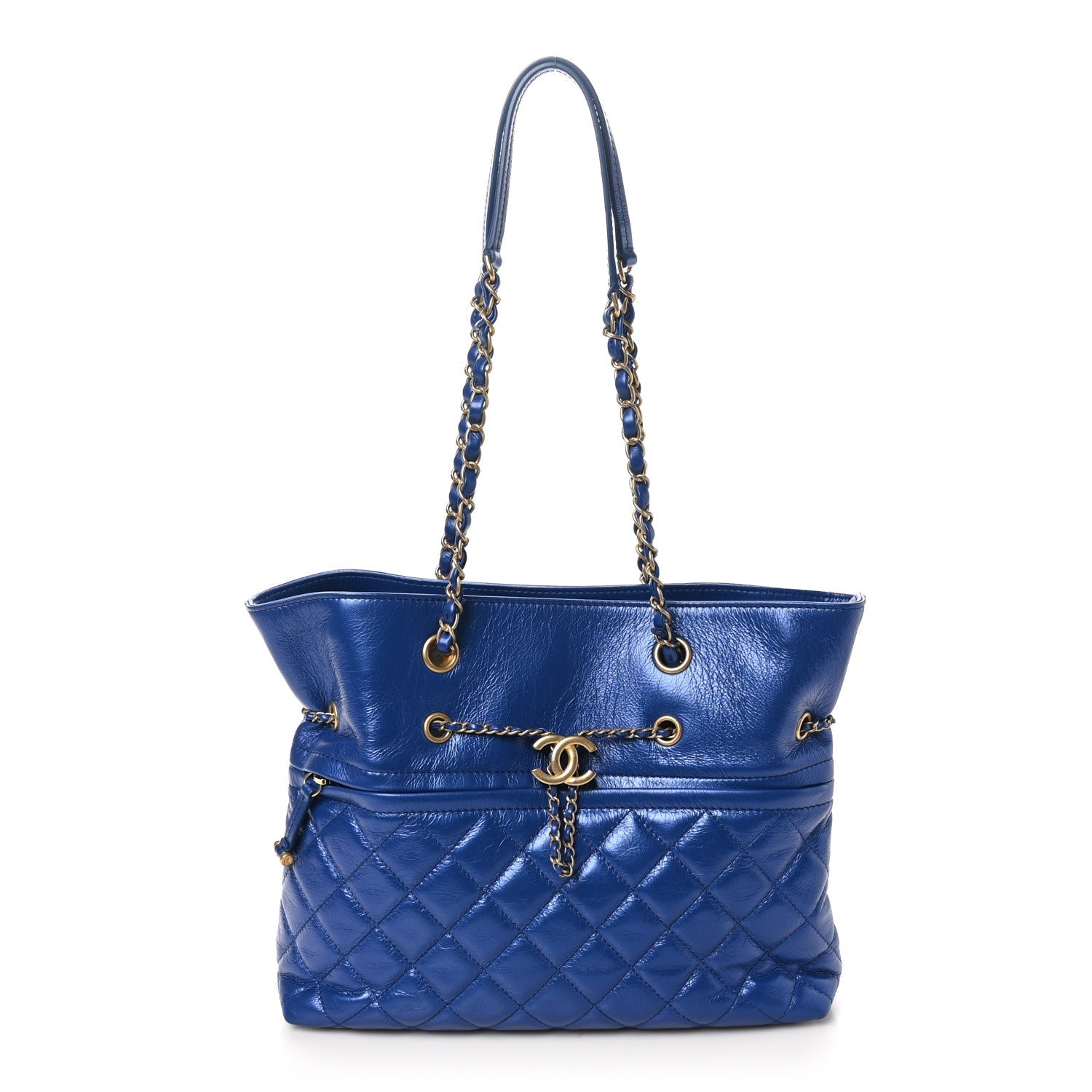 Metallic Aged Calfskin Quilted Drawstring Shopping Tote Blue