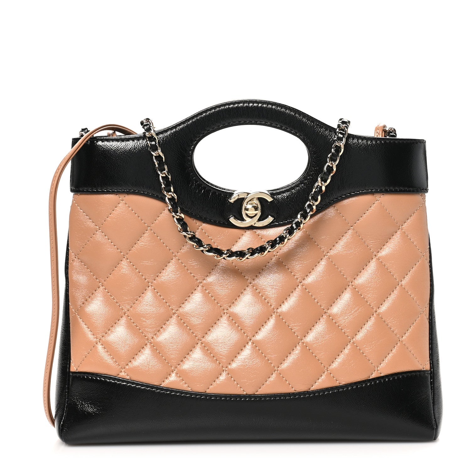 Shiny Crumpled Calfskin Quilted Mini 31 Shopping Bag Dark Beige Black
