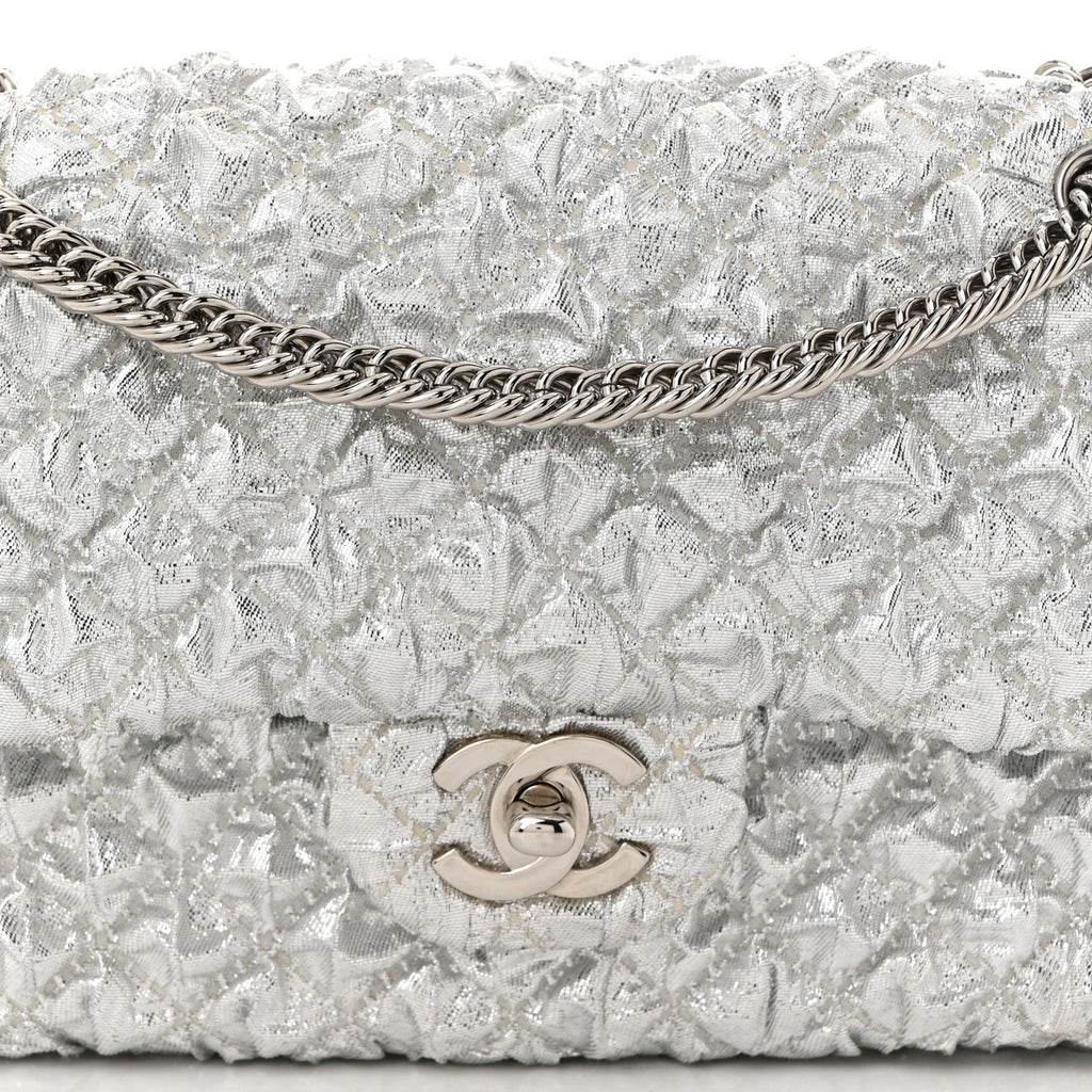 Metallic Lame Quilted Small Double Flap Silver