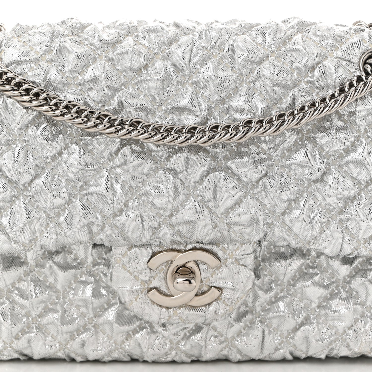 Metallic Lame Quilted Small Double Flap Silver