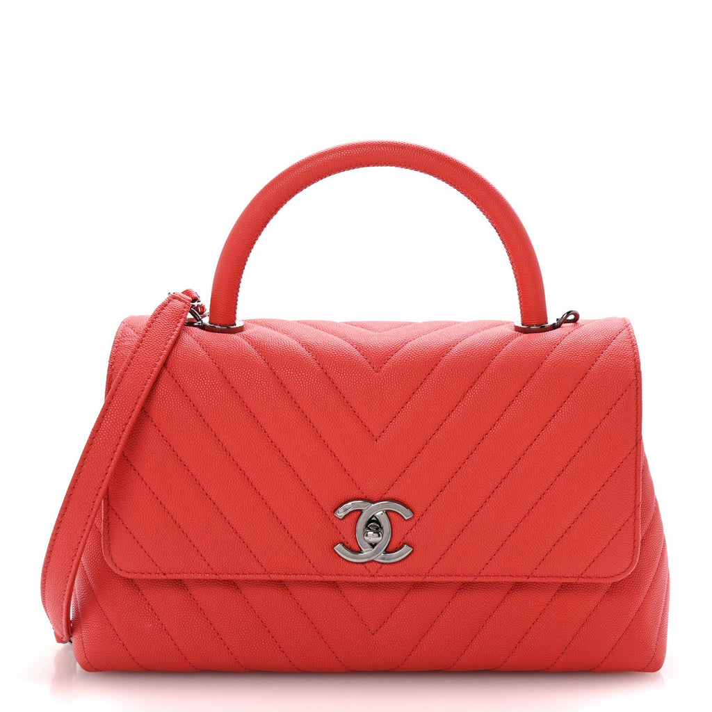 Caviar Chevron Quilted Small Coco Handle Flap Coral