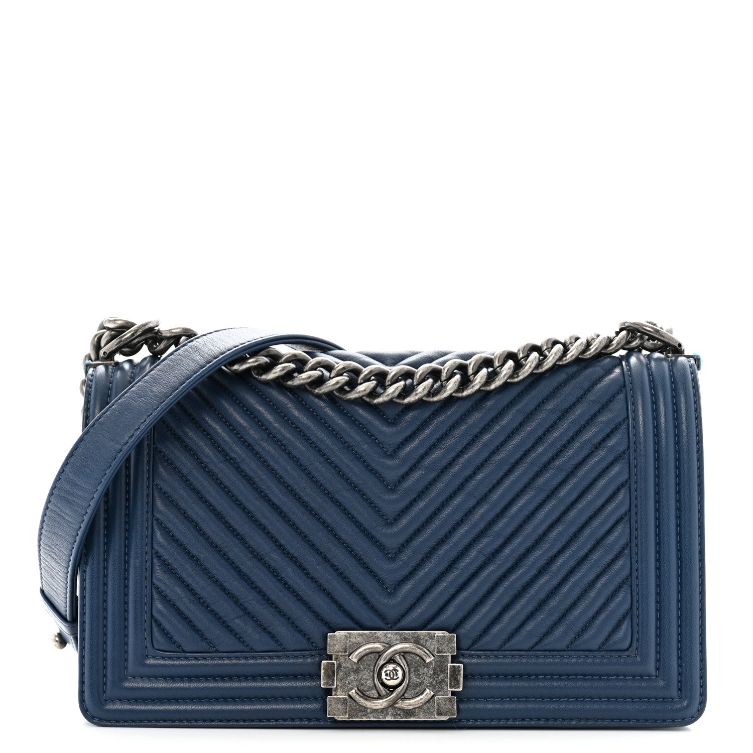 Calfskin Chevron Quilted Medium Boy Flap Dark Navy Blue