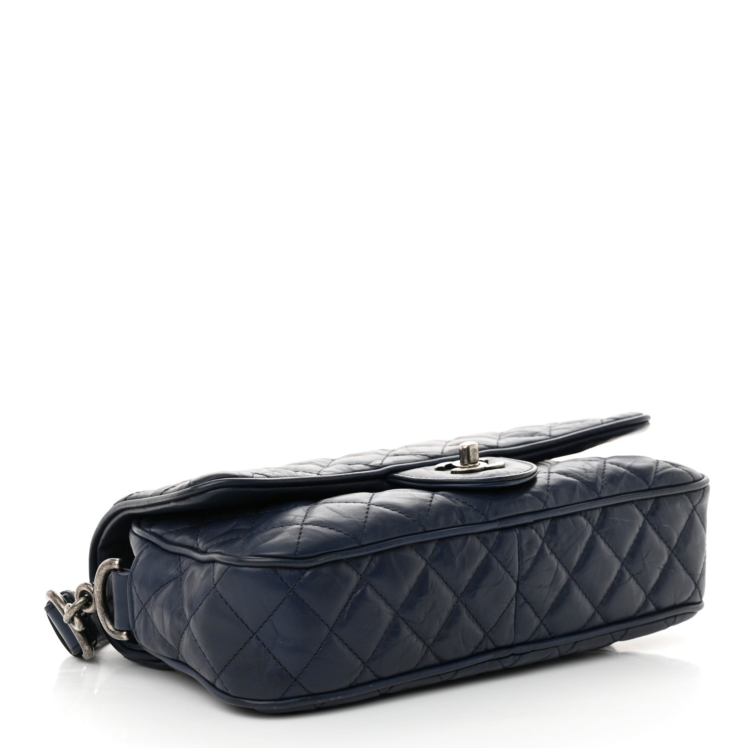 Crumpled Calfskin Quilted Medium Casual Rock Flap Navy