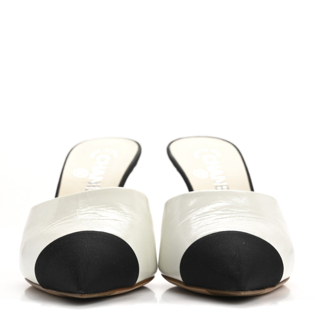 Patent Lambskin Grosgrain Cap Toe Pearl Mule 36.5 Ecru Black