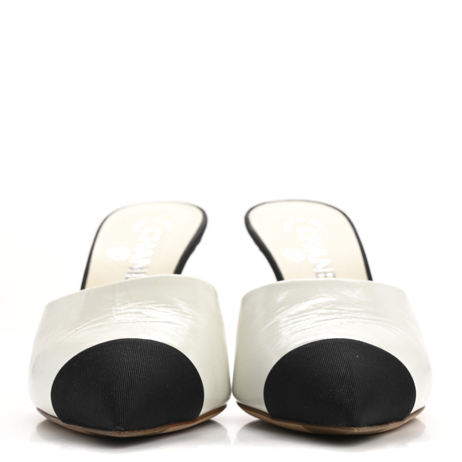 Patent Lambskin Grosgrain Cap Toe Pearl Mule 36.5 Ecru Black