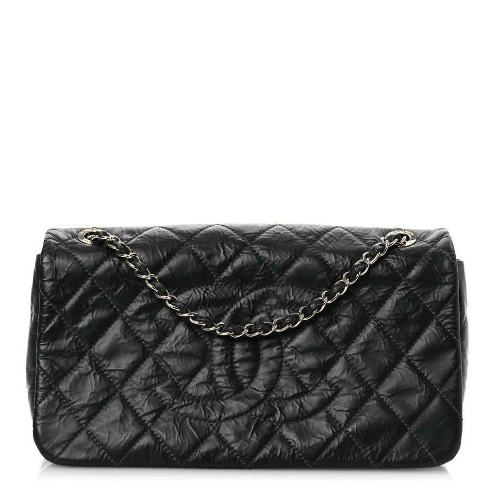 Glazed Calfskin Quilted CC Single Flap Black