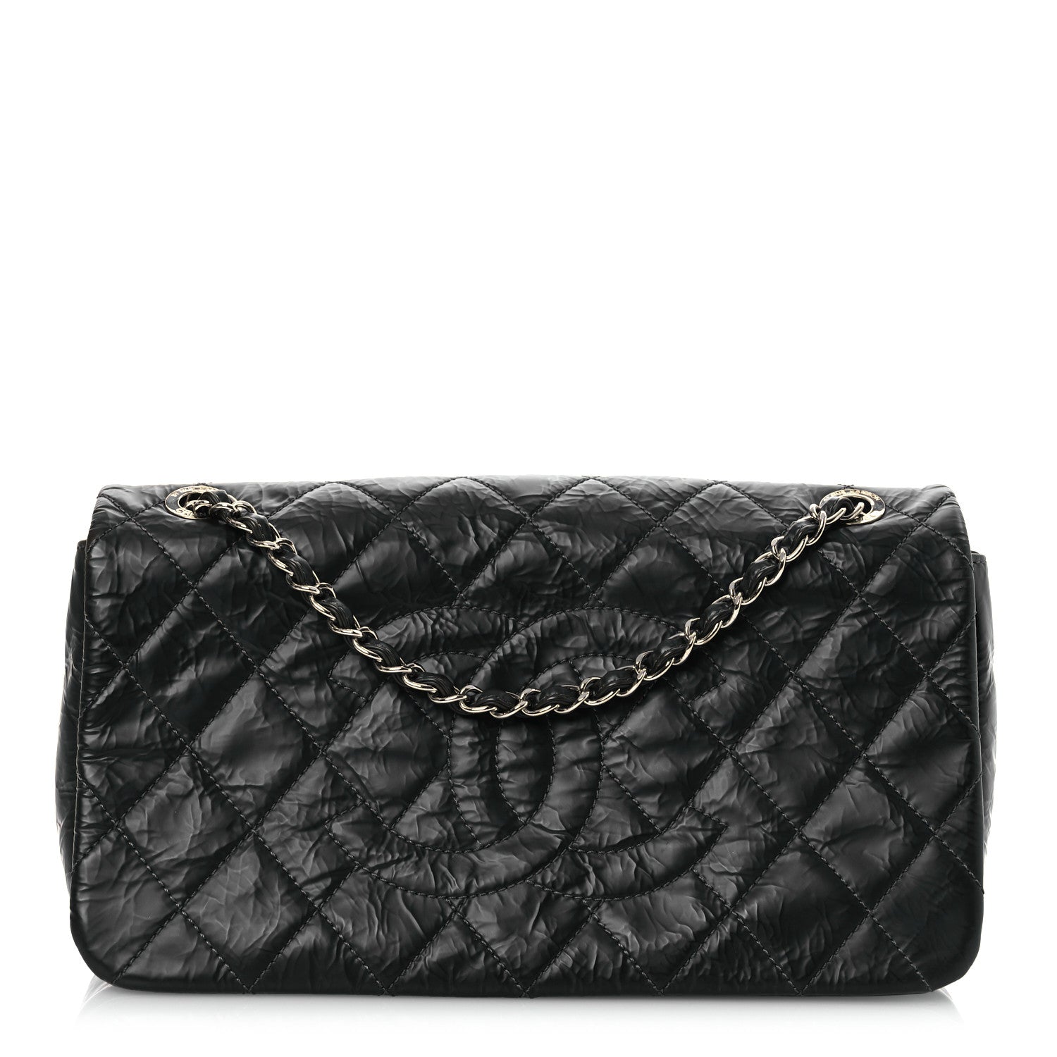 Glazed Calfskin Quilted CC Single Flap Black