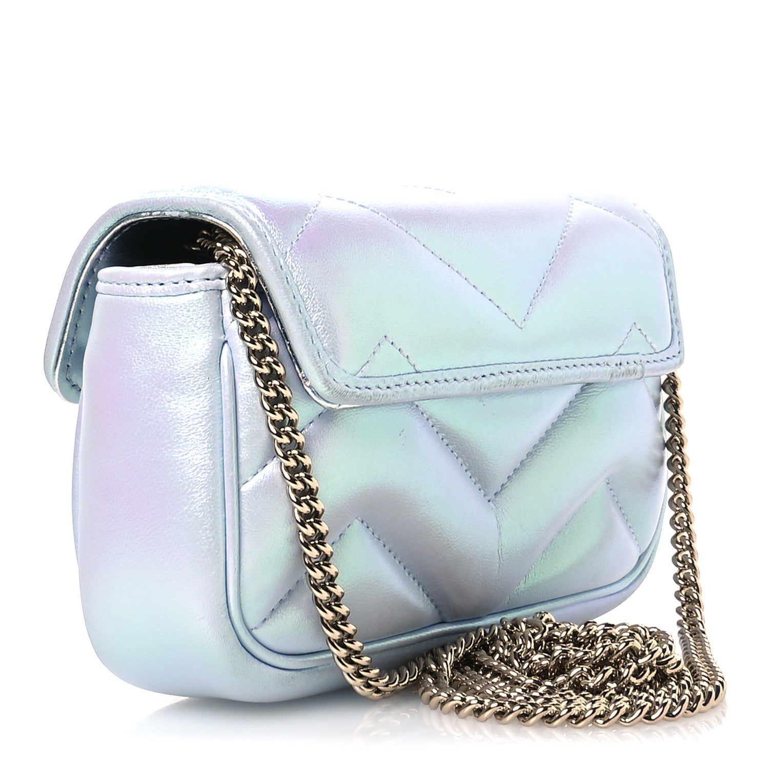 Iridescent Nappa Chevron Matelasse Small GG Marmont Shoulder Bag Iridescent Snow Light Blue