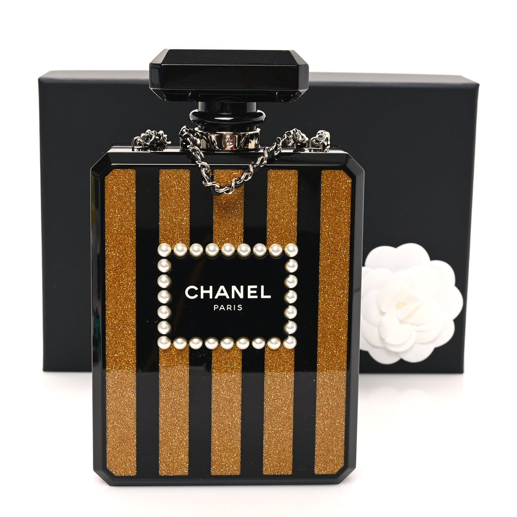 Plexiglass Perfume Bottle Clutch Black Gold