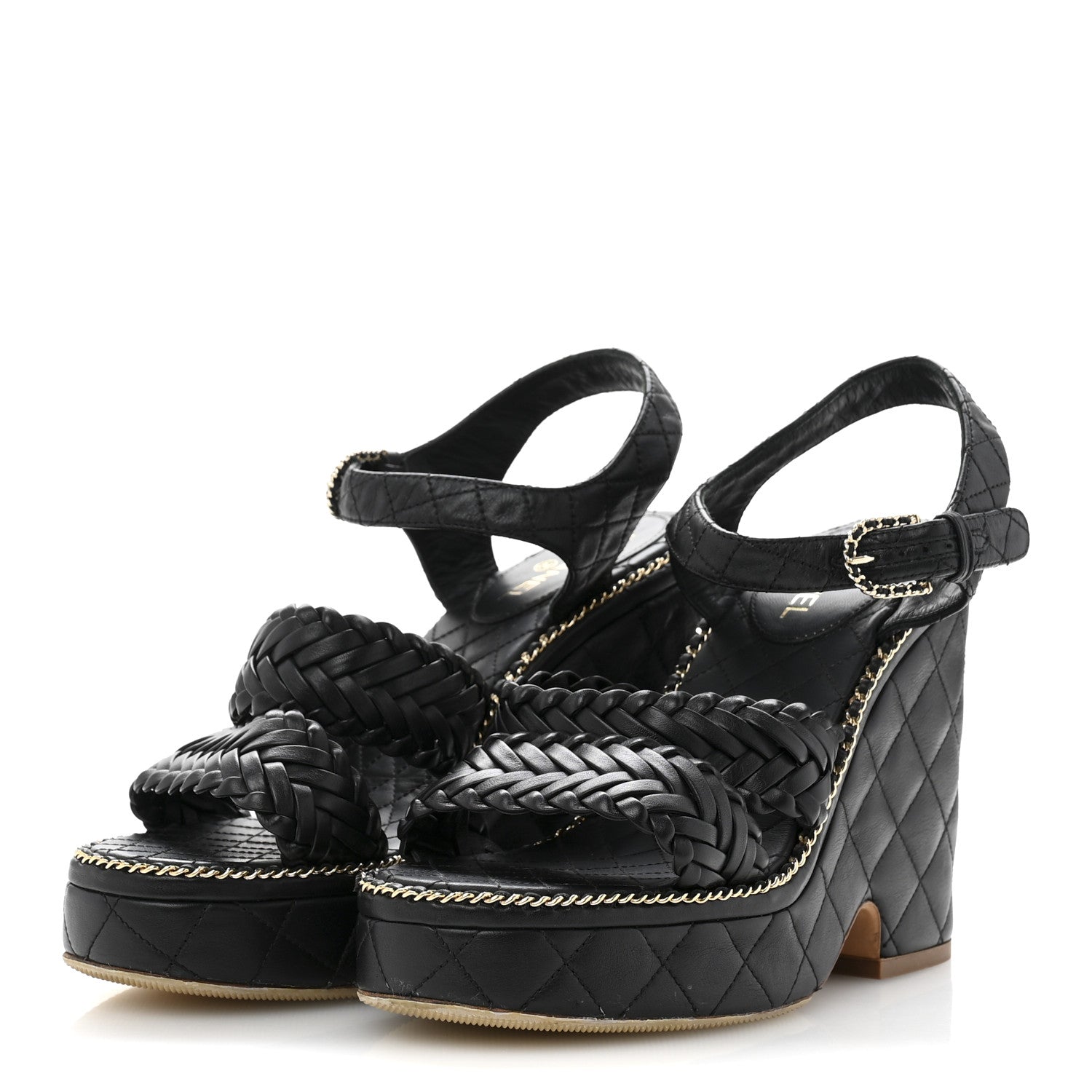 Calfskin Quilted Chain Around Wedge Sandals 37 Black